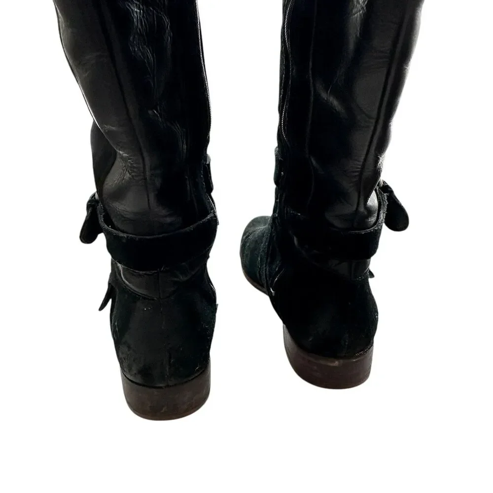 Ugg Cyndee knee high boots 9.5 Black Leather Buckle Sheepskin Shearling